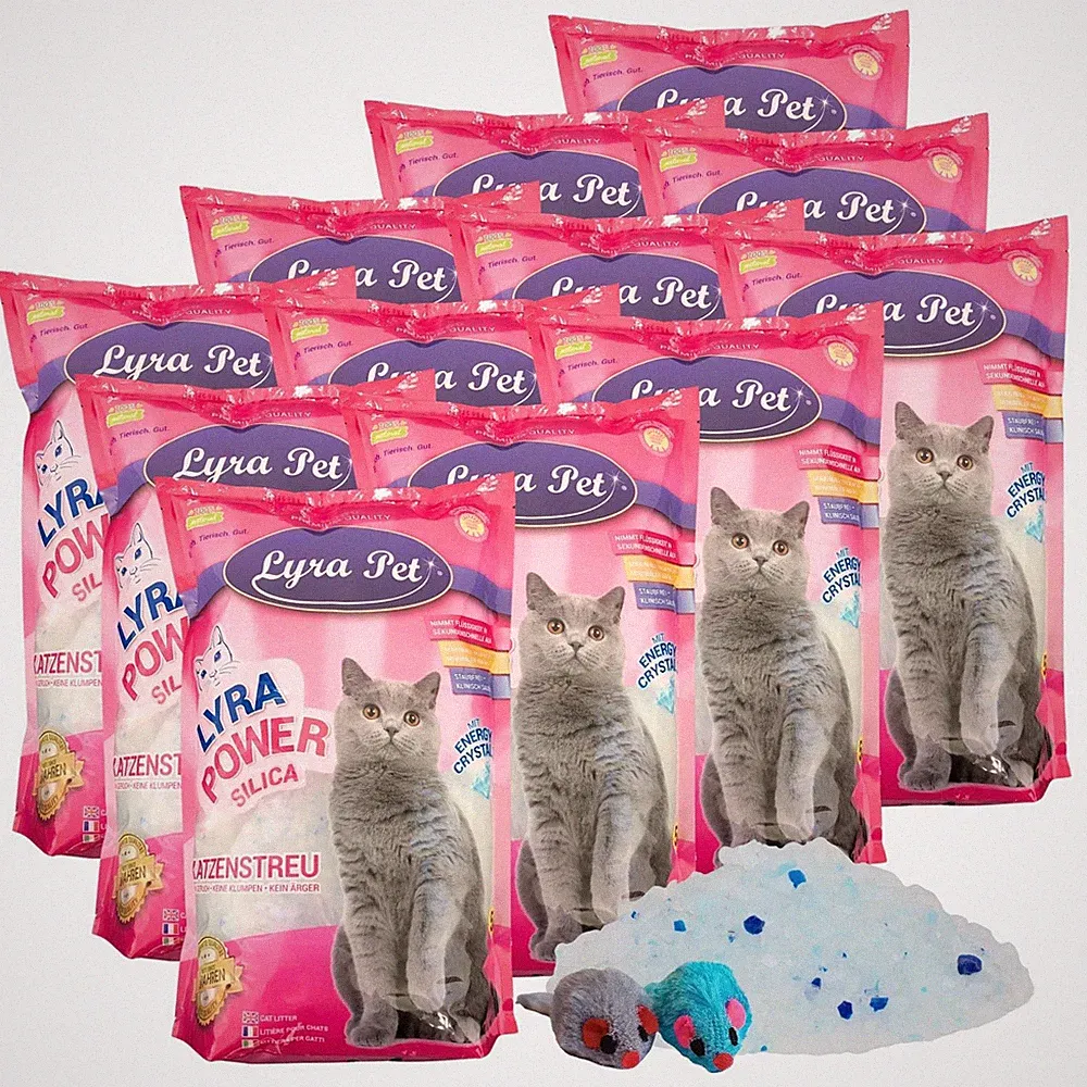 12 x 5 L = 60 L Lyra Power Silikat Katzenstreu Cat Katze Lyra Pet® + 2 Mäuse