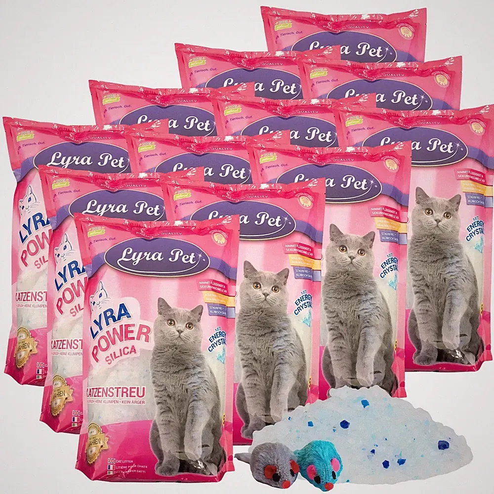 12 x 5 L = 60 L Lyra Power Silikat Katzenstreu Cat Katze Lyra Pet® + 2 Mäuse