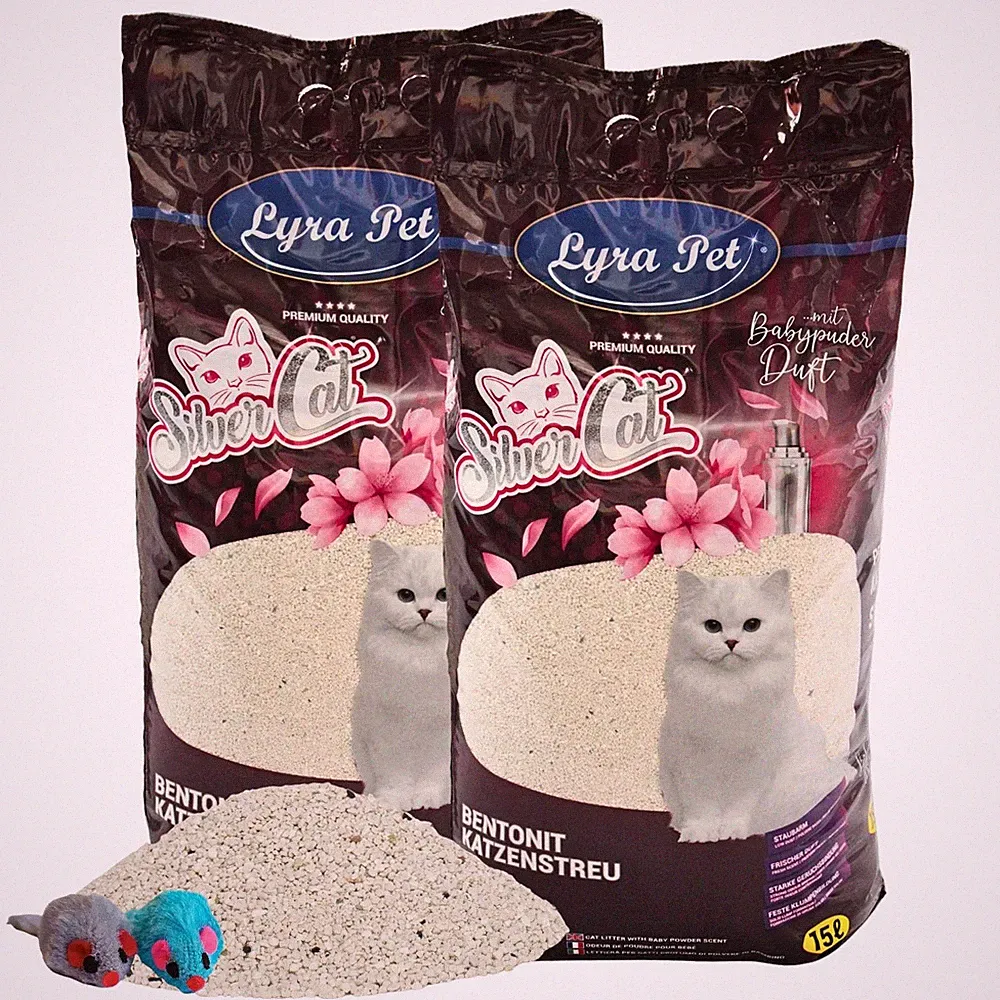 2 x 15 L SilverCat® Katzenstreu Bentonit mit Aktivkohle Lyra Pet® + 2 Mäuse