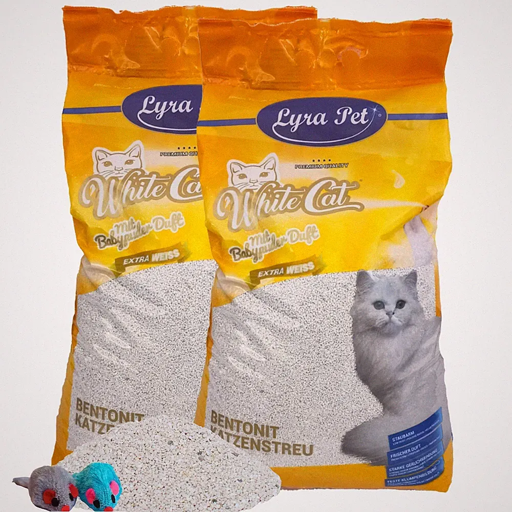 2 x 15 L White Cat Katzenstreu mit Babypuder Duft Klumpstreu staubarm + 2 Mäuse
