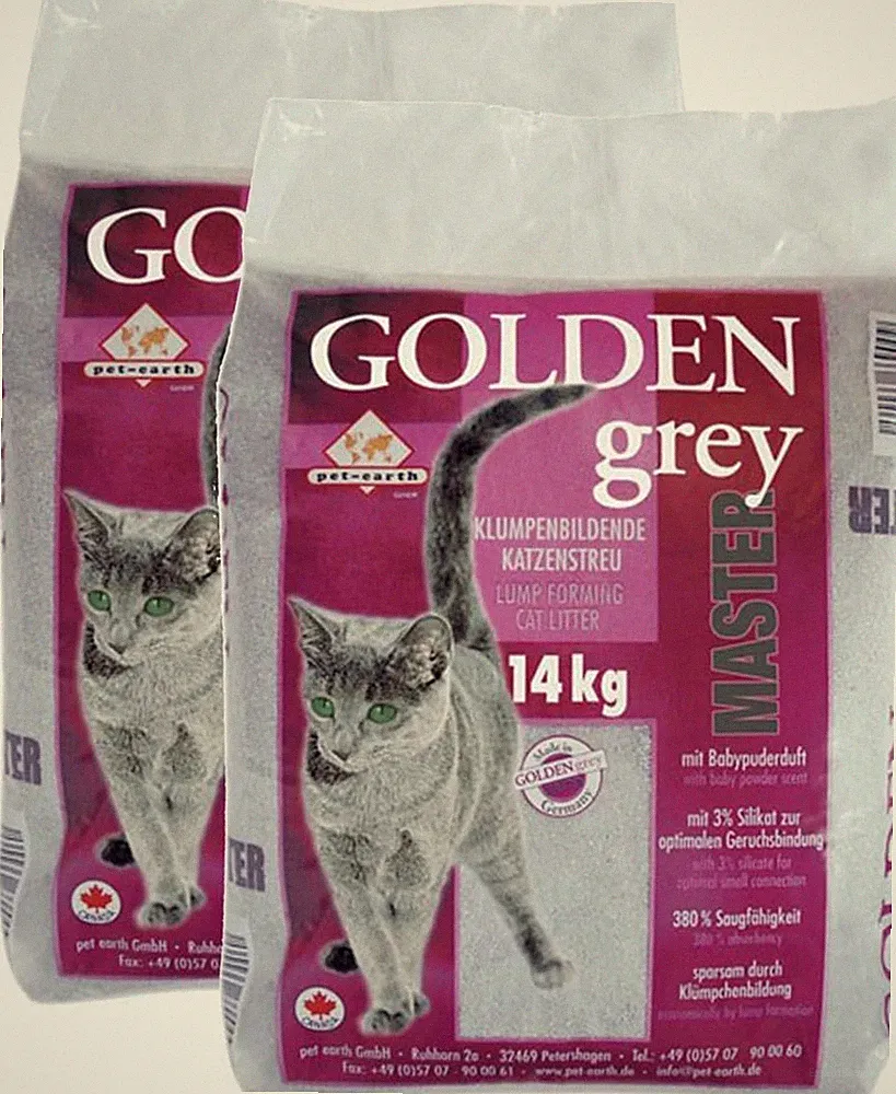 2x14 kg Golden Grey Master Klumpstreu Katzenstreu Babypuderduft Silikat Streu