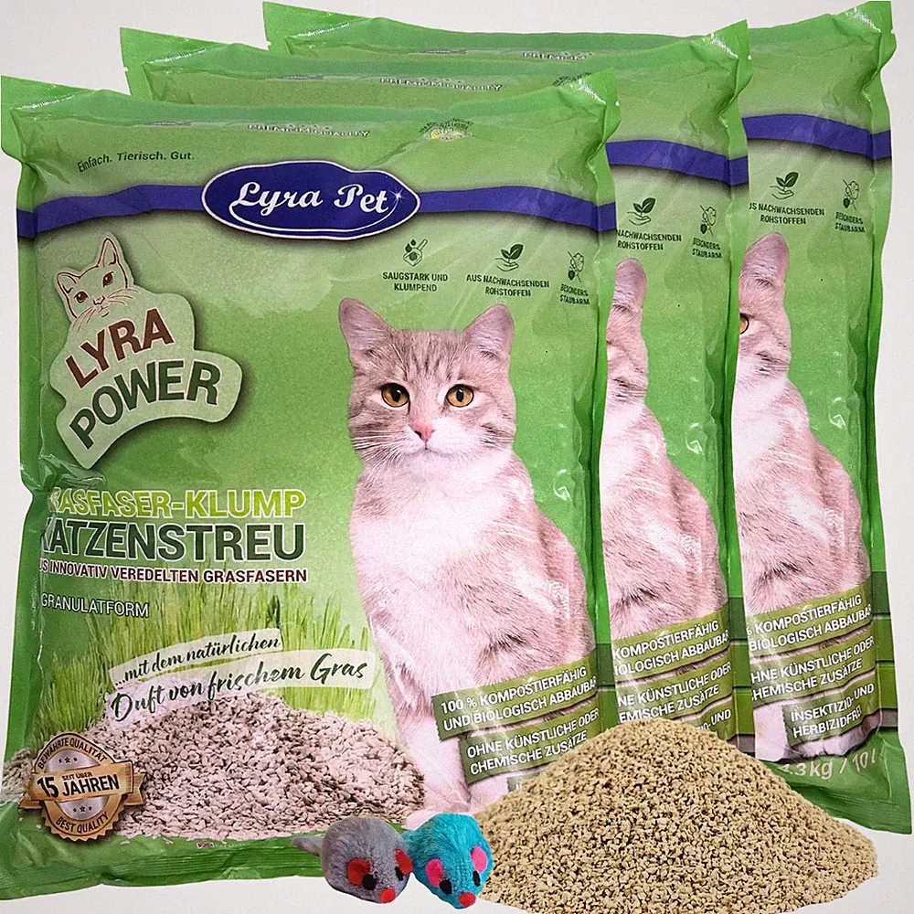 3 x 10 Liter Lyra Power Grasfaser Katzenstreu Klumpstreu Lyra Pet® + 2 Mäuse