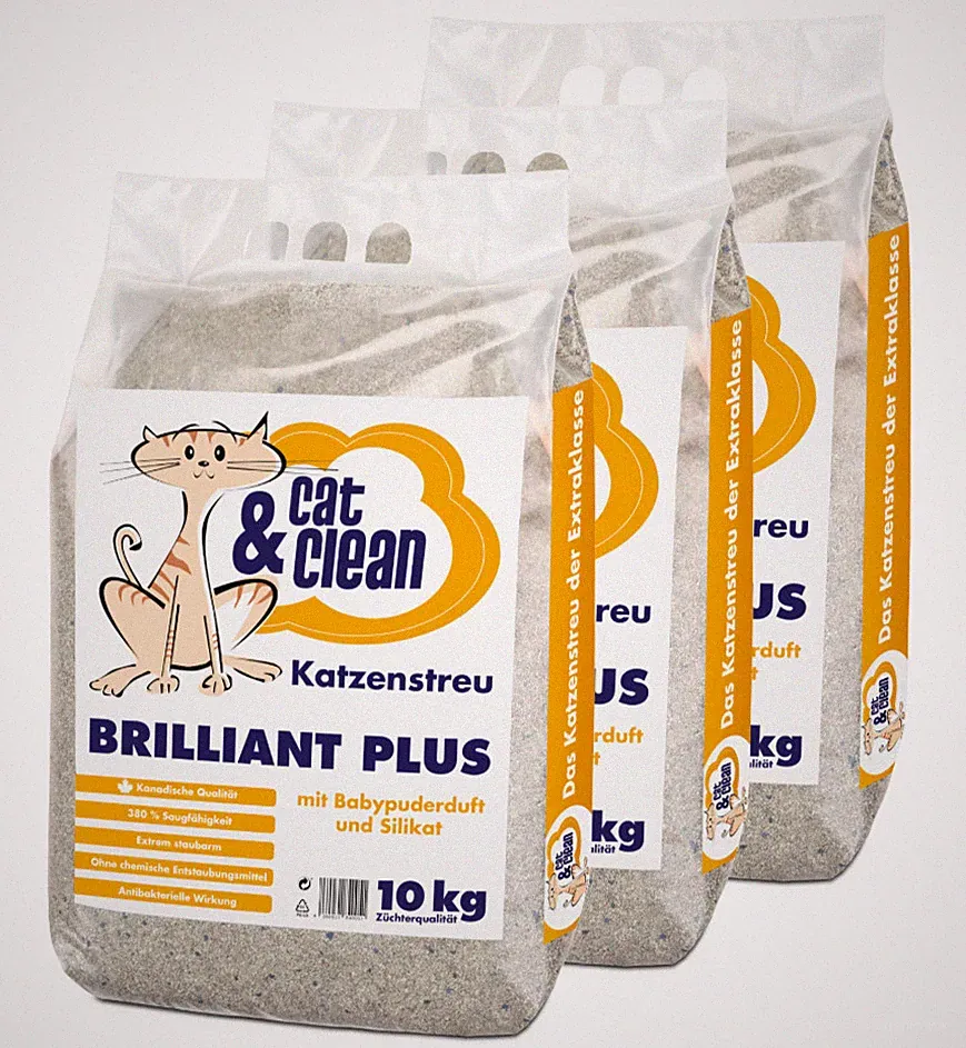 3x 10kg Cat & Clean® Katzenstreu Brilliant plus mit Babypuderduft und Silikat