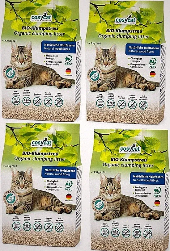 4x10 Liter CosyCat Bio-Klumpstreu FEIN aus Holz 100% natürliches Katzenstreu 40L