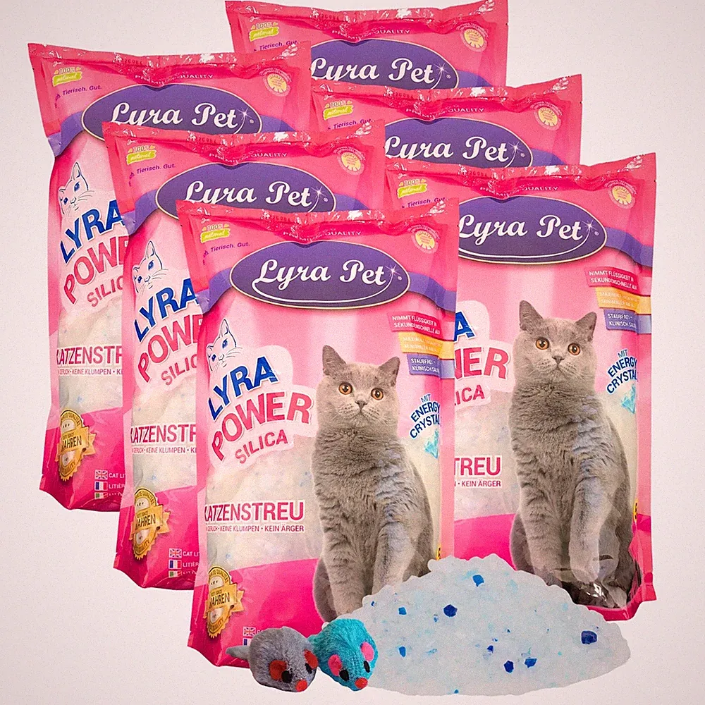 6 x 5 L = 30 L Lyra Power Silikat Katzenstreu Cat kumpfrei Lyra Pet® +2 Mäuse
