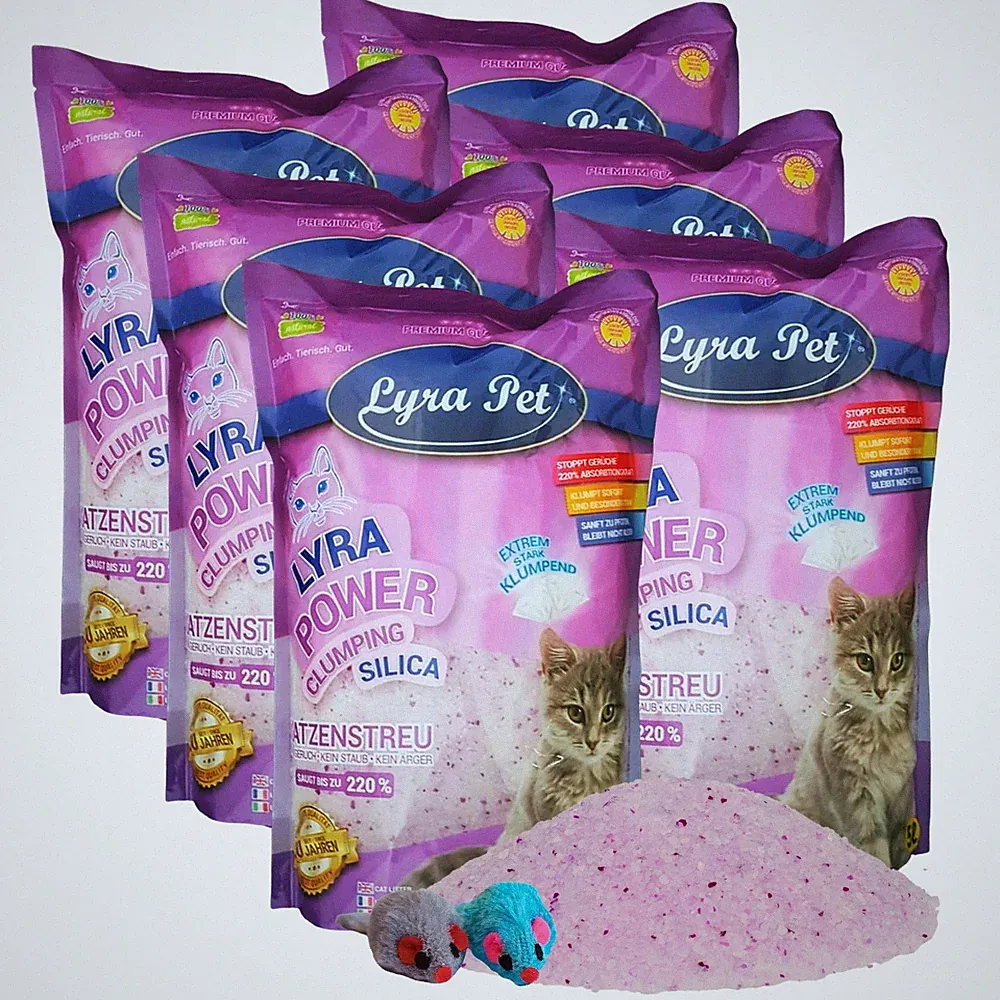 6 x 5 L Lyra Power Silikat Cat klumpend Katzenstreu ergiebig Lyra Pet® + 2 Mäuse