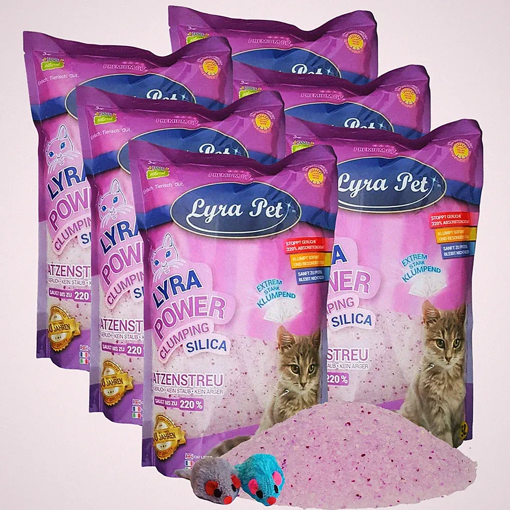 6 x 5 L Lyra Power Silikat Cat klumpend Katzenstreu ergiebig Lyra Pet® + 2 Mäuse