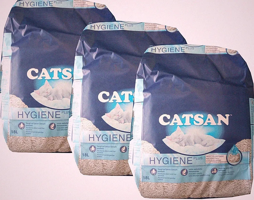 Catsan Hygiene plus Katzenstreu - 3 x 18 L (€ 0,91/L) nicht klumpend weiß (54 L)