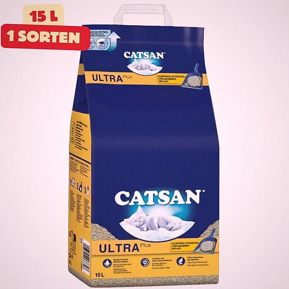 Catsan Ultra plus Katzenstreu Klumpstreu Feine Tonkörnchen Ohne Duftstoffe 15L