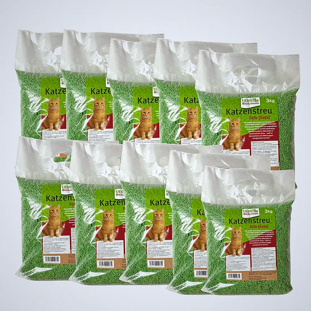 Denny BioAnimals®Tofu (Soja) Katzenstreu 30 kg (10 Säcke je 3 kg), 80 L – natürl