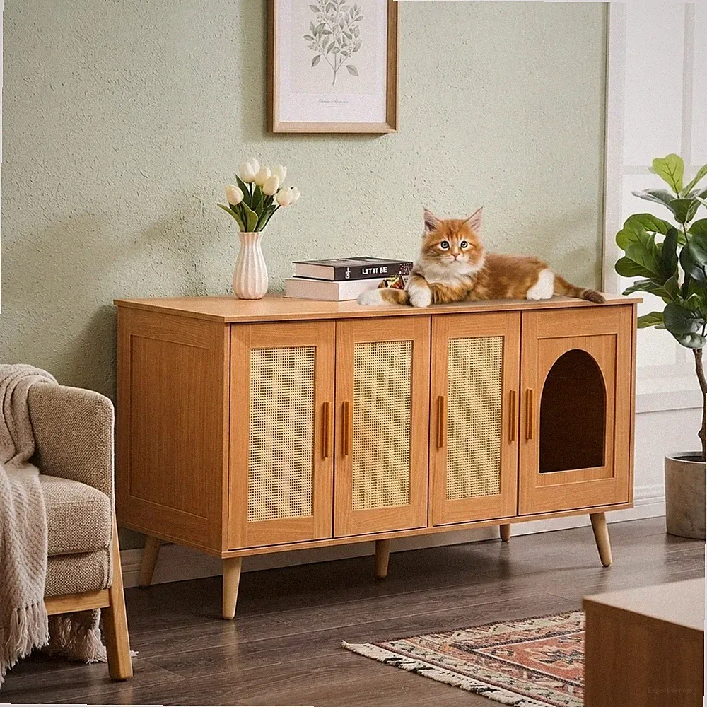 Elegantes verstecktes Katzentoilettenhaus für 2 Katzen - Stilvoller Holzschrank mit Ratte...