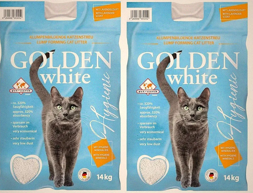 Golden White Katzenstreu 2x14kg Klumpstreu Lavendel 320% Saugkraft Fein