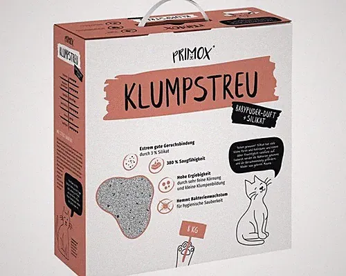 Katzenstreu PRIMOX Babypuderduft Silikat klumpend, mit Duft 8 kg