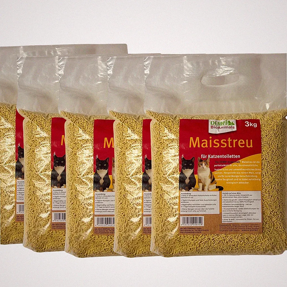 Maisstreu 15 kg (5 Säcke je 3 kg), 40 L Mais-Katzenstreu – natürlich & biologisc