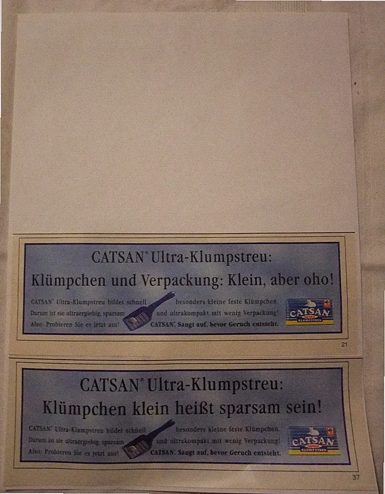 O.1 Catsan Ultra-Klumpstreu Werbung aus Zeitschrift Katzenstreu Werbung Zeitung