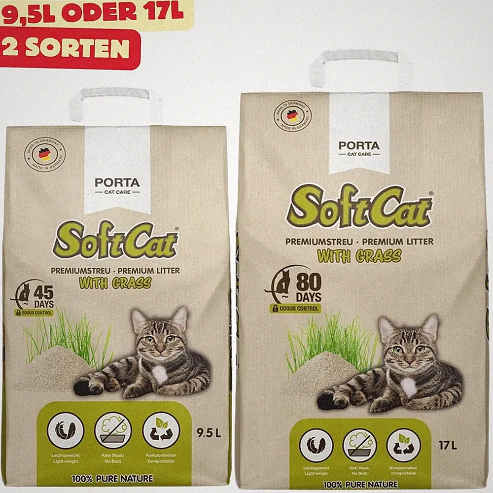 Porta SoftCat Grass Katzenstreu Klumpstreu 100% Pflanzlich 9,5L / 17L Saugstark