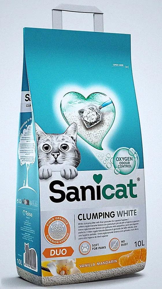 Sanicat White Clumping Katzenstreu Vanille- und Mandarinenduft aus natürlichem