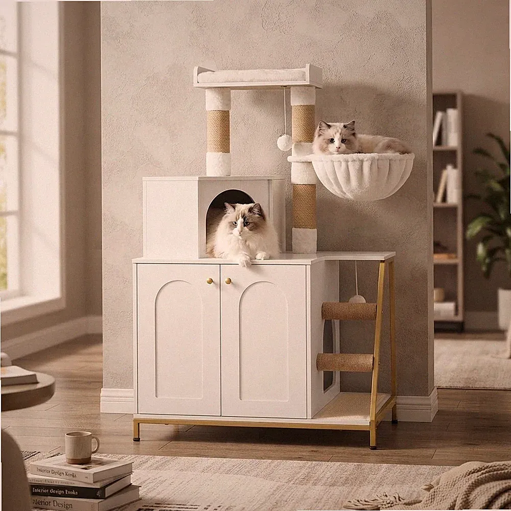 Stabiler Katzenbaum aus Holz mit versteckter Katzentoilette und waschbaren Kissen - Weißgold