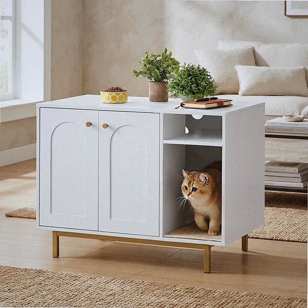Stilvolle Katzentoilette aus Holz Möbel mit Doppeltüren - Weiß & Gold Oberfläche