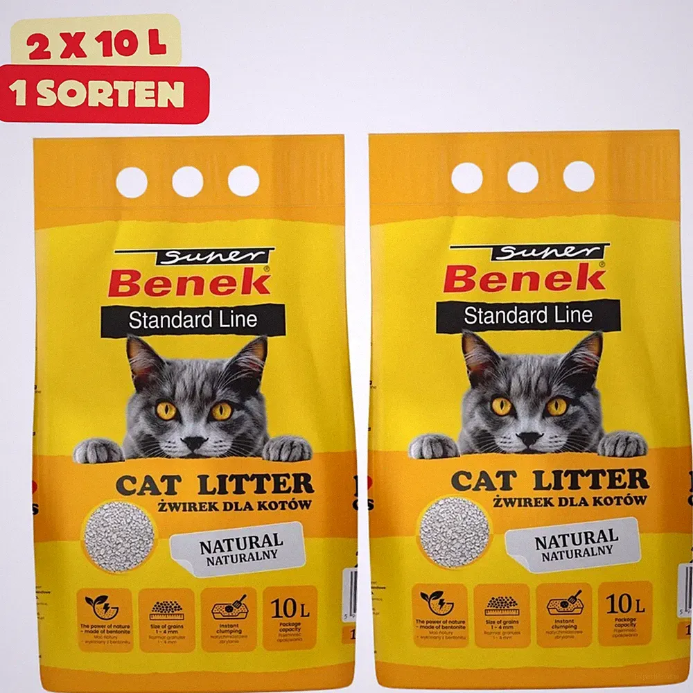 Super Benek Natural Katzenstreu Klumpstreu Bentonit Parfümfrei 2x10L Sparpaket