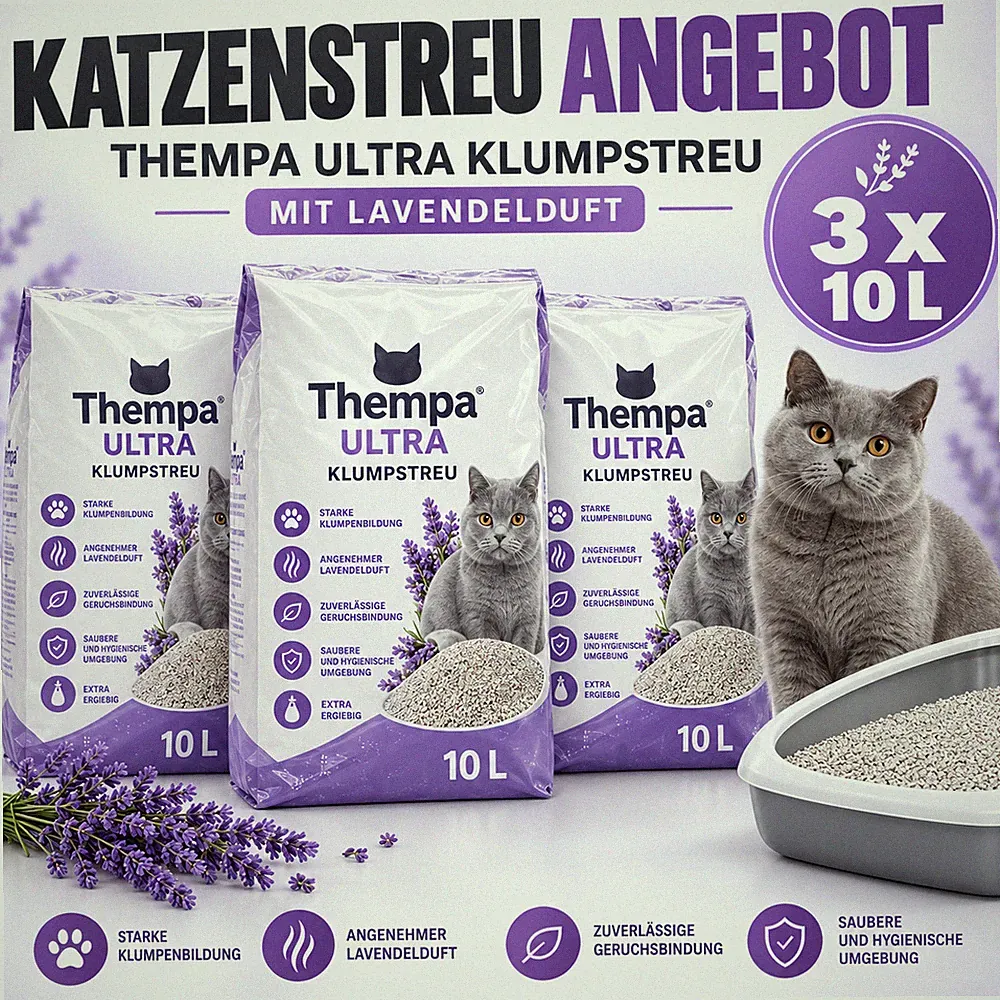 Thempa Premium Klumpstreu mit aktiviertem Karbon-Granulat/Lavendelduft 3 x 10 L