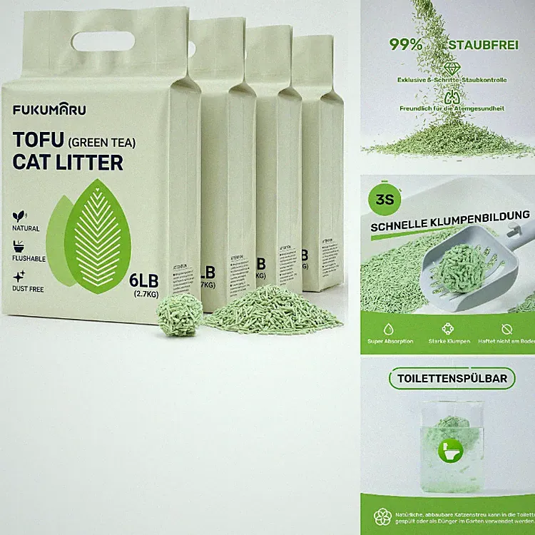 Tofu Katzenstreu 10,8 kg Klumpendes Katzenstreu mit Grüntee Duft, Staubfrei, 4er