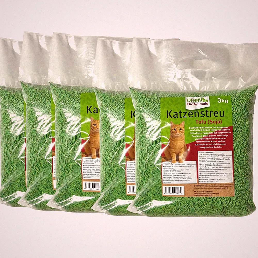 Tofu (Soja) Katzenstreu 15 kg (5 Säcke je 3 kg), 40 L – natürlich & biologisch
