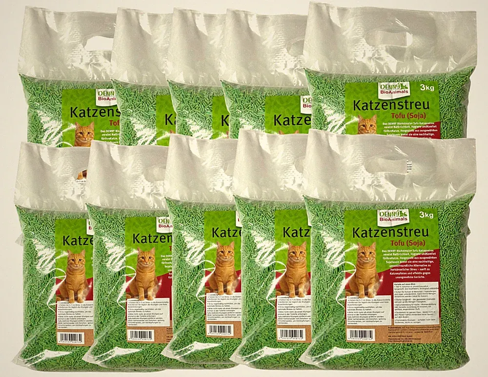 Tofu (Soja) Katzenstreu 30kg (10 Säcke je 3 kg), 80 L – natürlich & biologisch