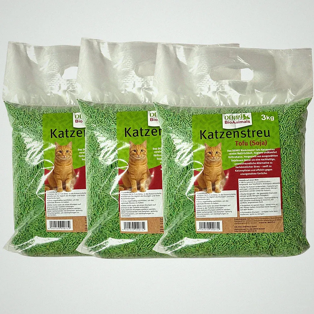 Tofu (Soja) Katzenstreu 9 kg (3 Säcke je 3 kg), 24 L – natürlich & biologisch ab